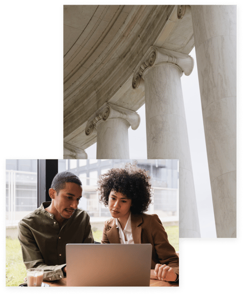 Gallery of architectural columns and lawyers on a computer.